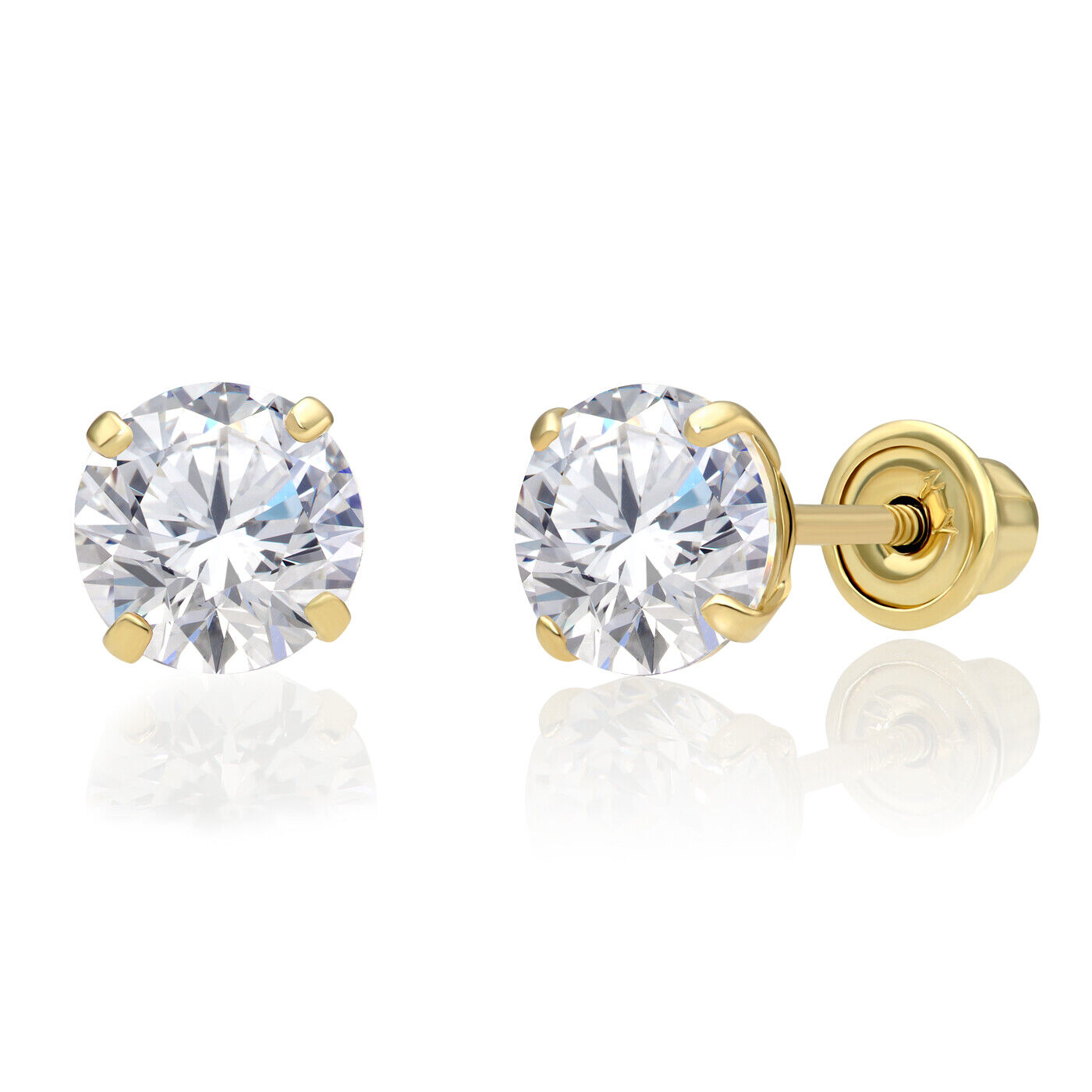 10K Real Solid Gold Solitaire Round CZ Sleeper Studs Earrings Screw-back 2mm-8mm