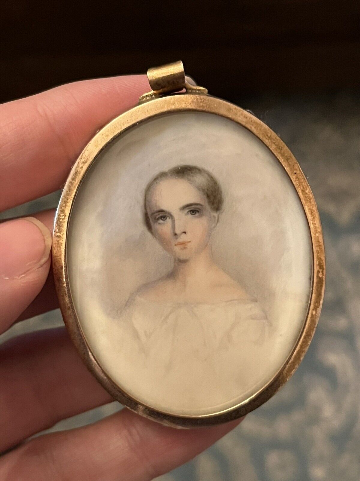 Antique 1830’s Watercolor Gauche Portrait Miniature Of Young Woman Rolled Gold?
