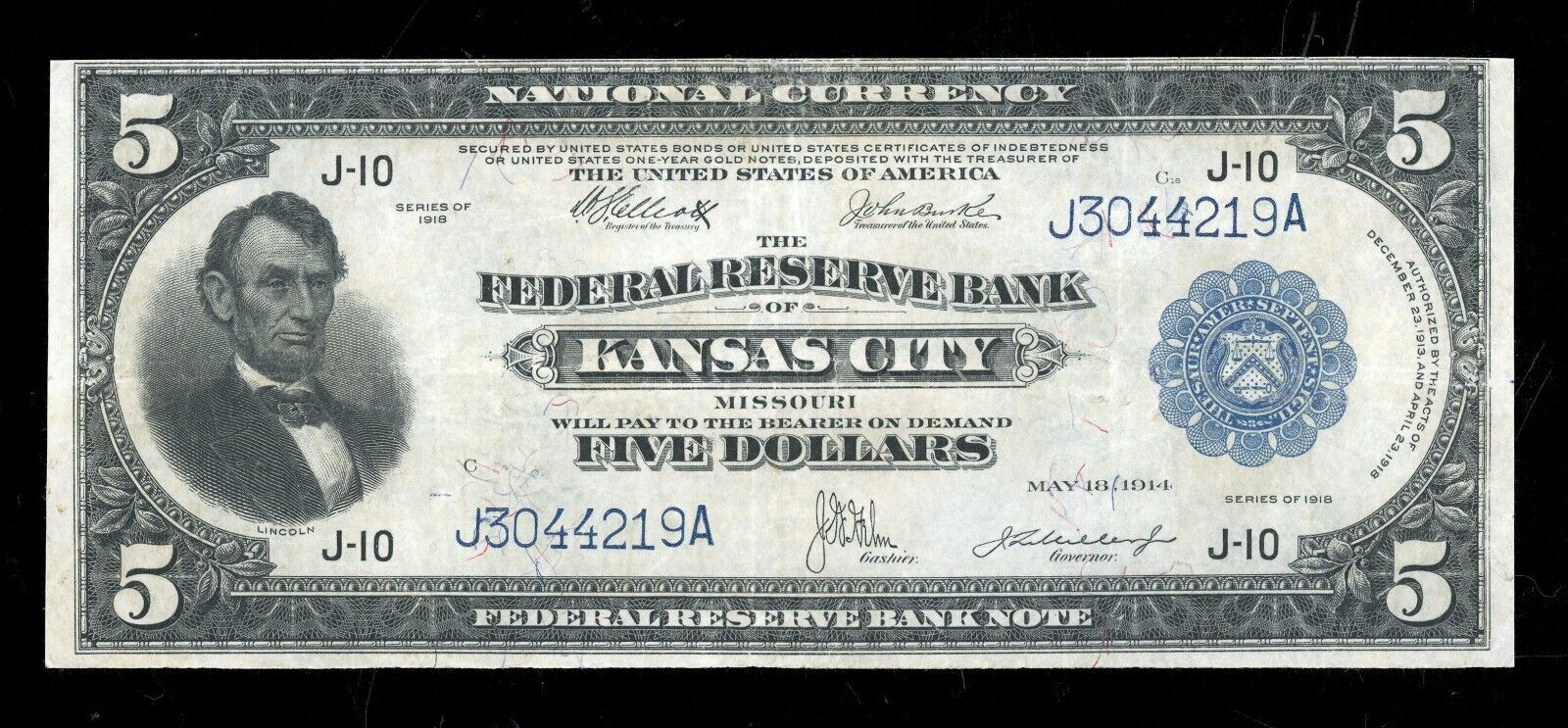 1918 $5 Federal Reserve National Bank Note Large Size Blue seal Kansas City XF