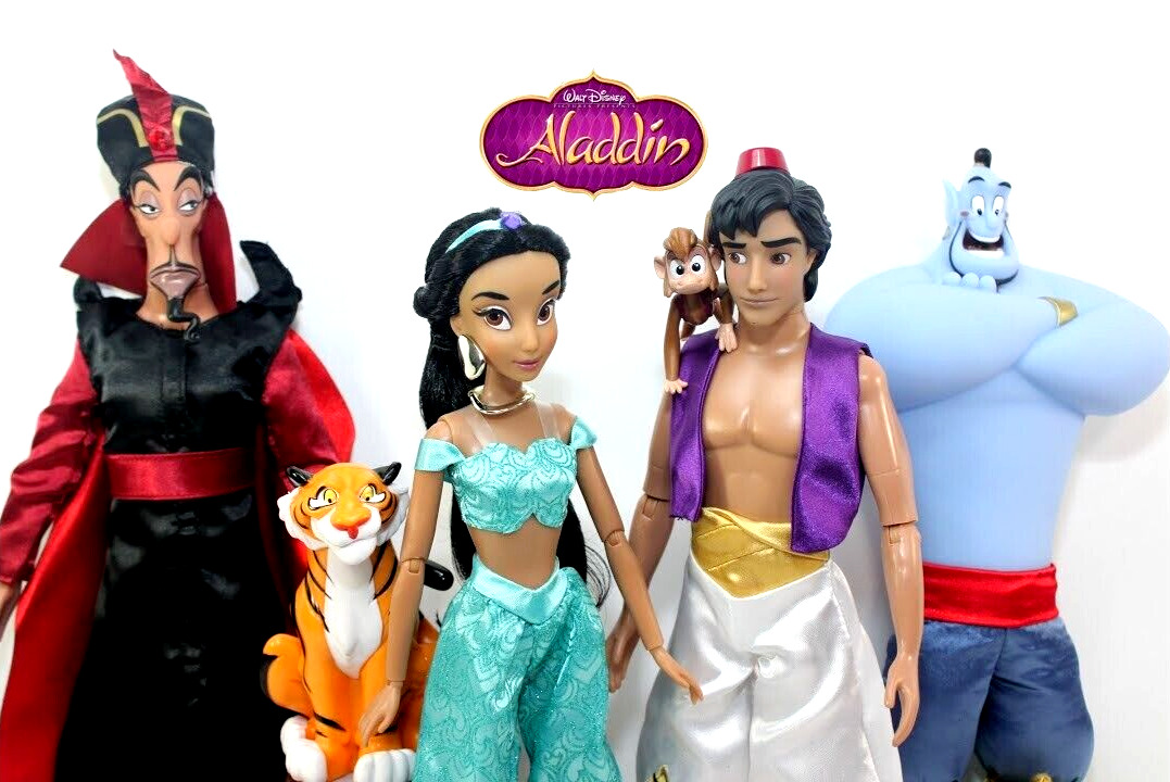 Disney Store Aladdin Deluxe Doll Gift Set Princess Jasmine Genie Jafar Rajah Abu