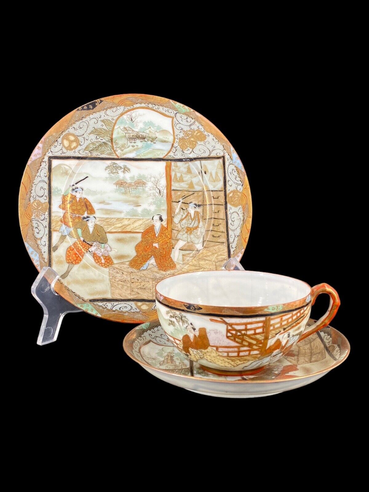 Signed Asian Antique Japanese Porcelain Luncheon Tea Set Samurai Okumura-Style