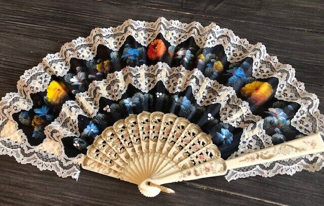 Antique Hand Painted Folding Hand Fan Silk Filigree Lace