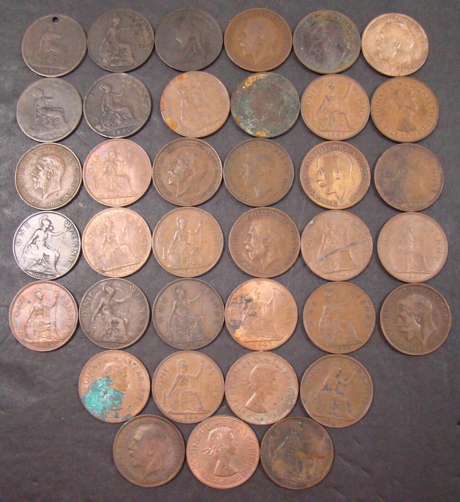 BRITISH LARGE PENNY LOT of 37 Pennies 1890-1967 Great Britain 1c Foreign Coin