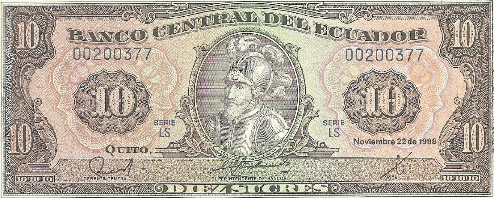 BANCO CENTRAL DEL ECUADOR  Diez Sucres 1988 UNC, Banknote # 19