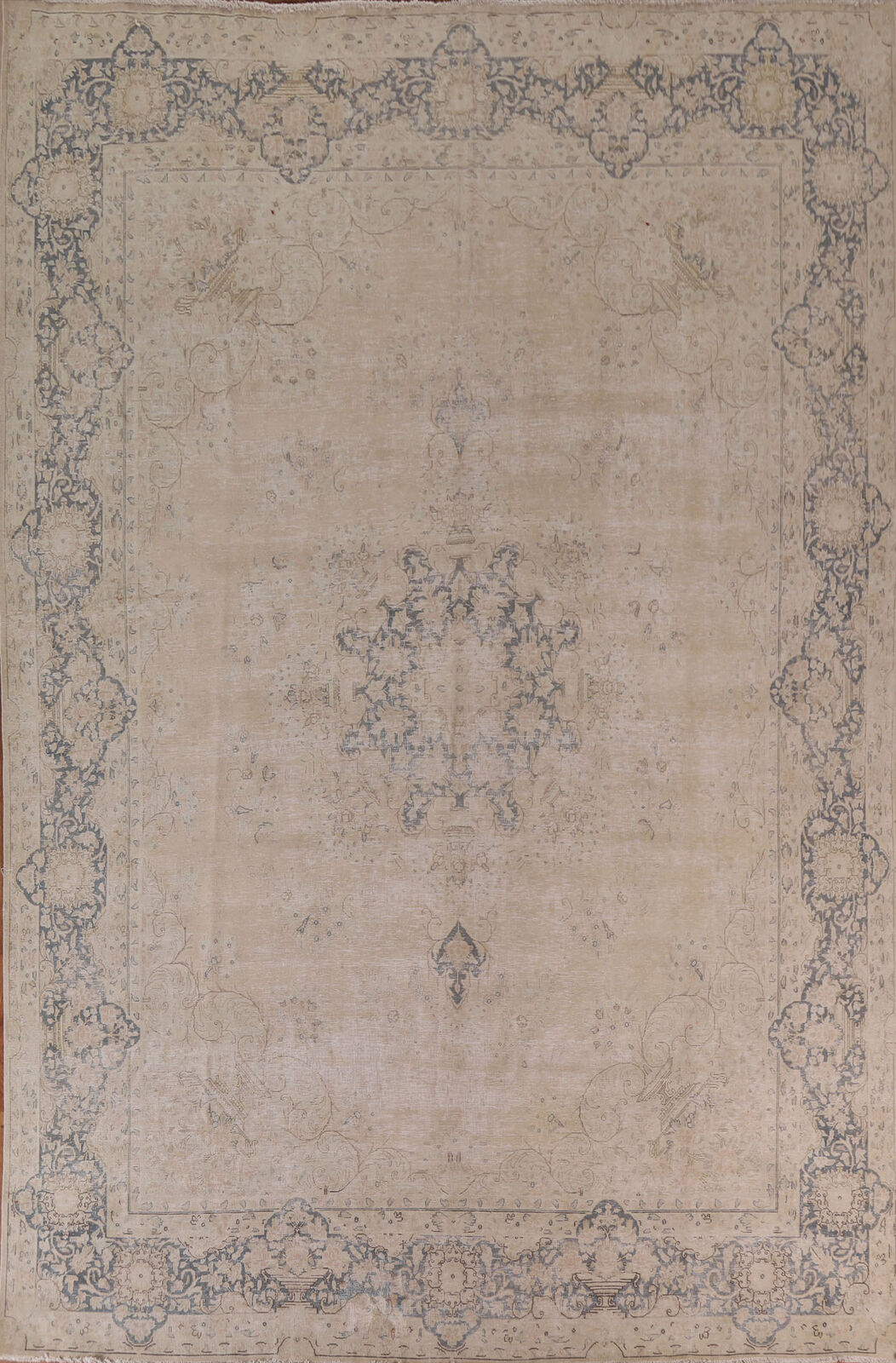 Vintage Muted Distressed Kirman Area Rug 10x13 Hand-knotted Living Room Carpet