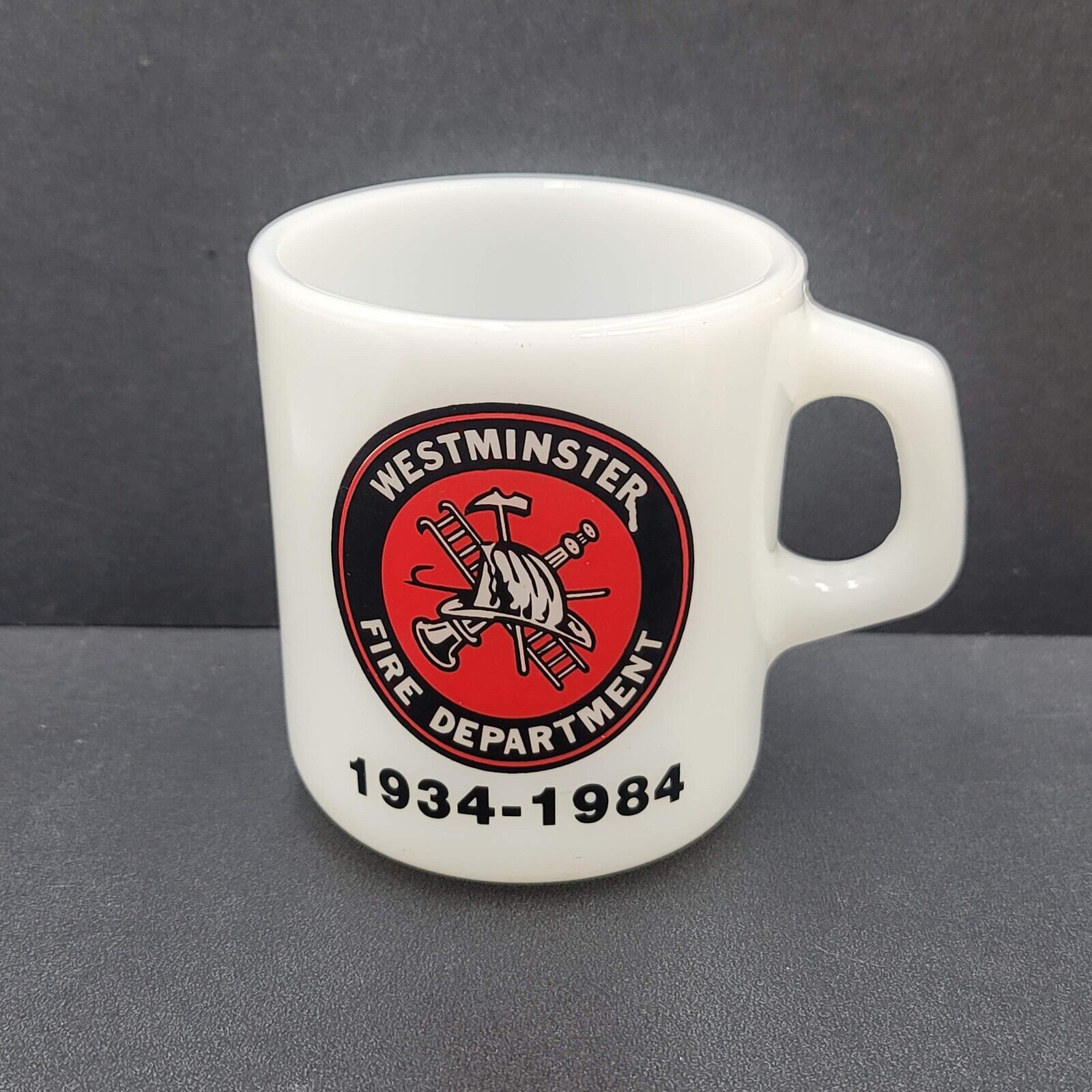 Vintage Westminster Fire Department Coffee Mug Galaxy Milk Glass 1984