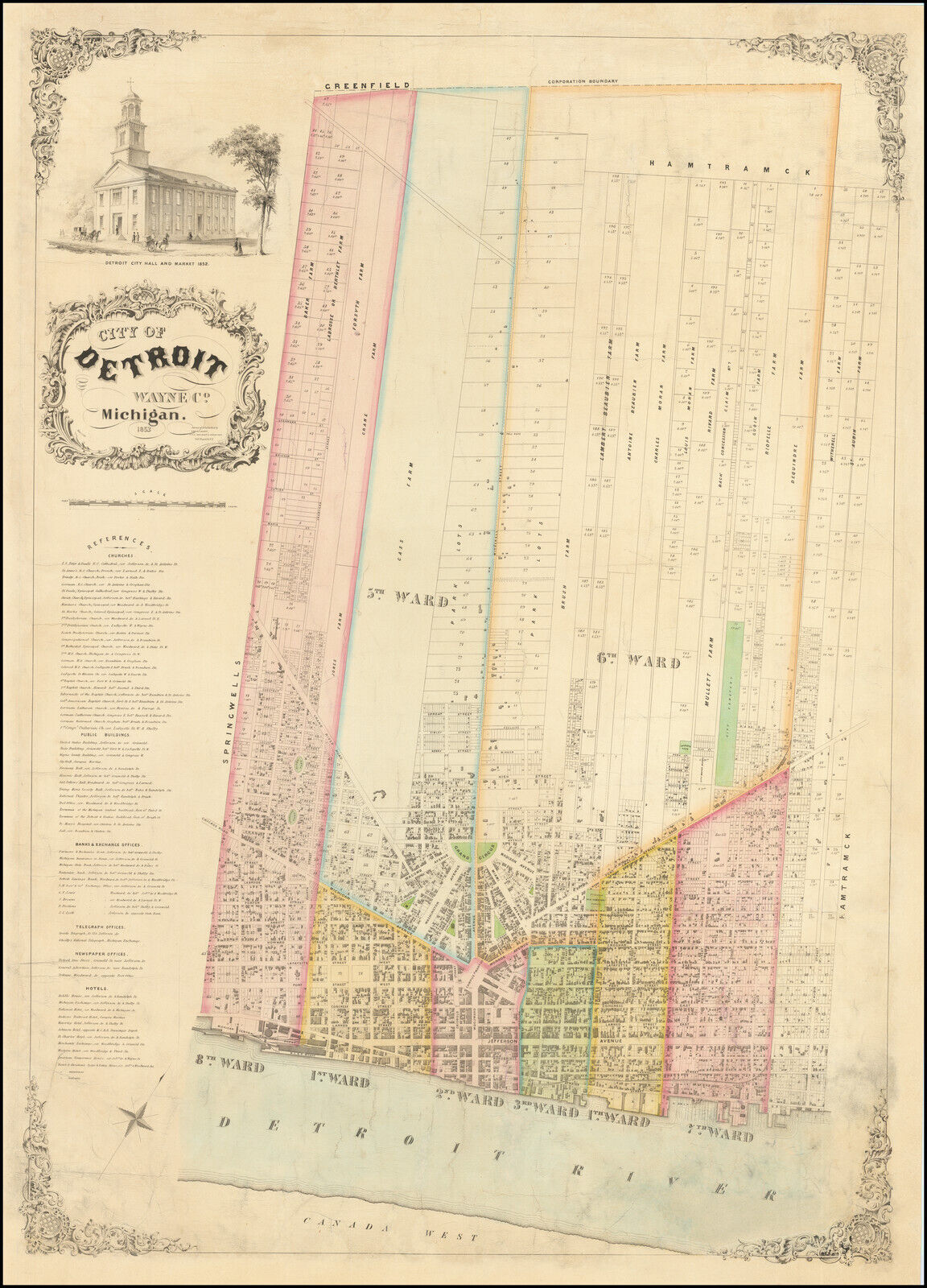 1853 Map of Detroit Michigan Antique United States Decor Poster Print