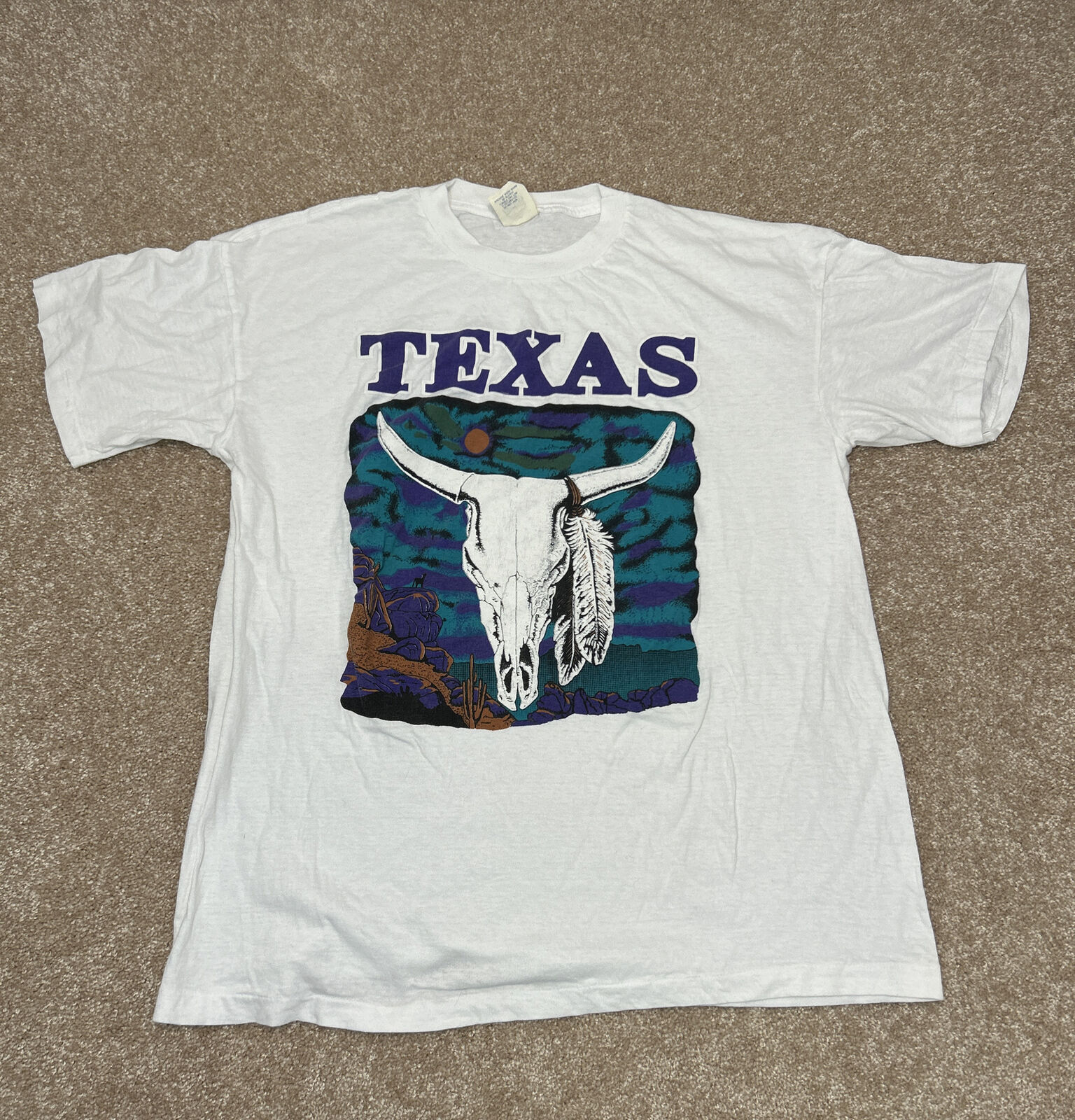 Vintage Texas Dallas Single Stitch T-Shirt Southwest Cow Skull Sz XL White