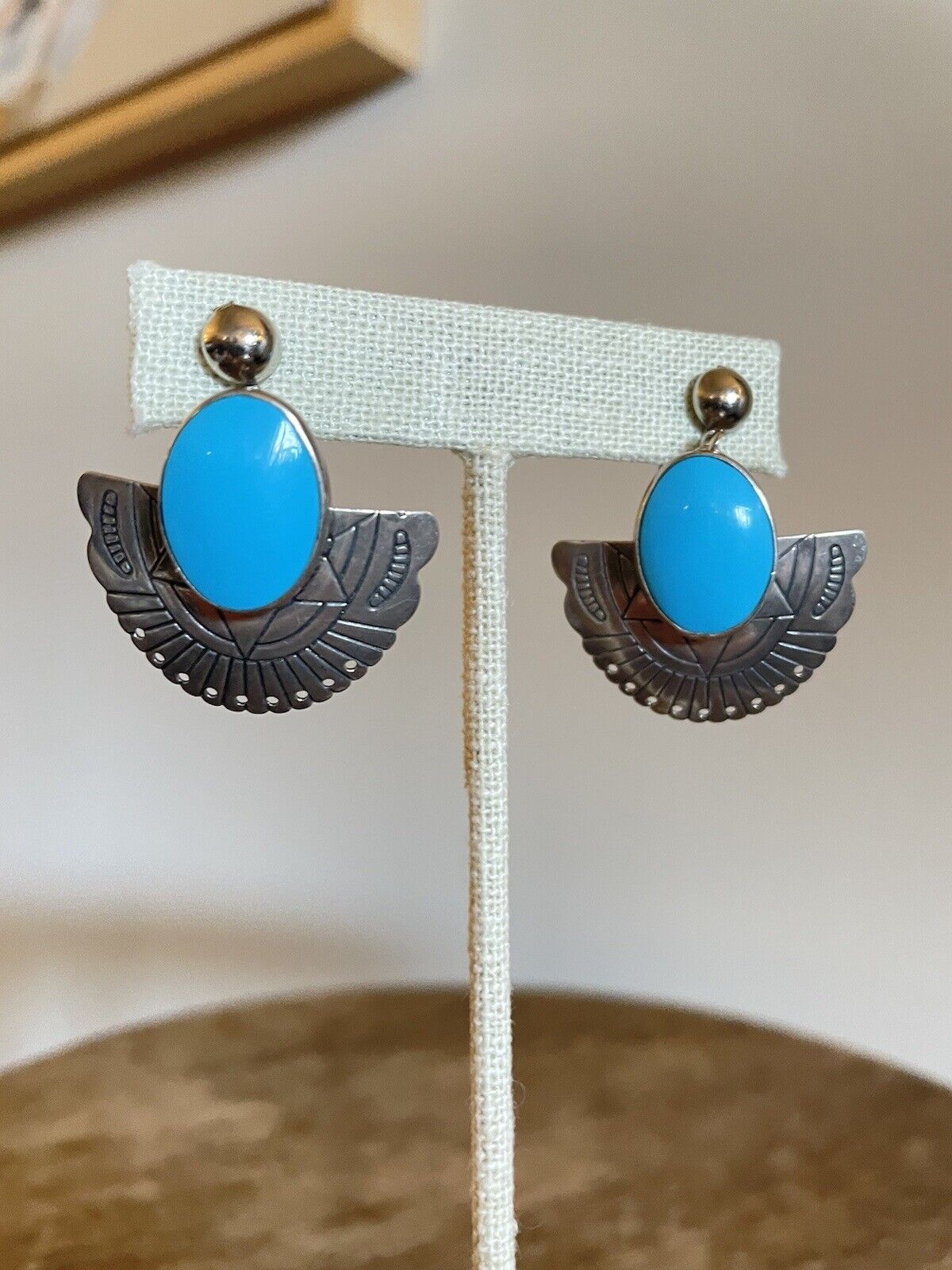 Vintage Persian Turquoise Dangle Earrings Sterling Silver Clip On