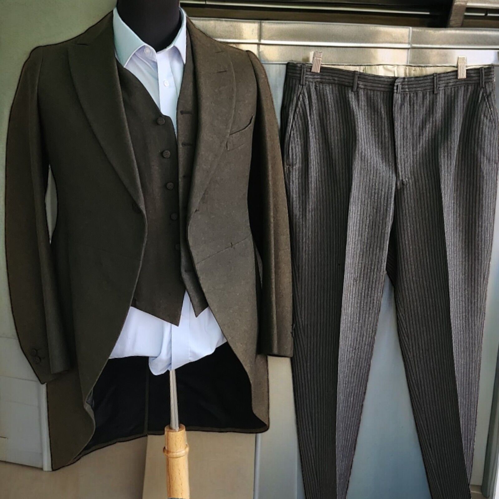 Antique 1920s Suit 3 Piece Tailcoat Tuxedo Green Flannel Peak Lapel Dated Piece
