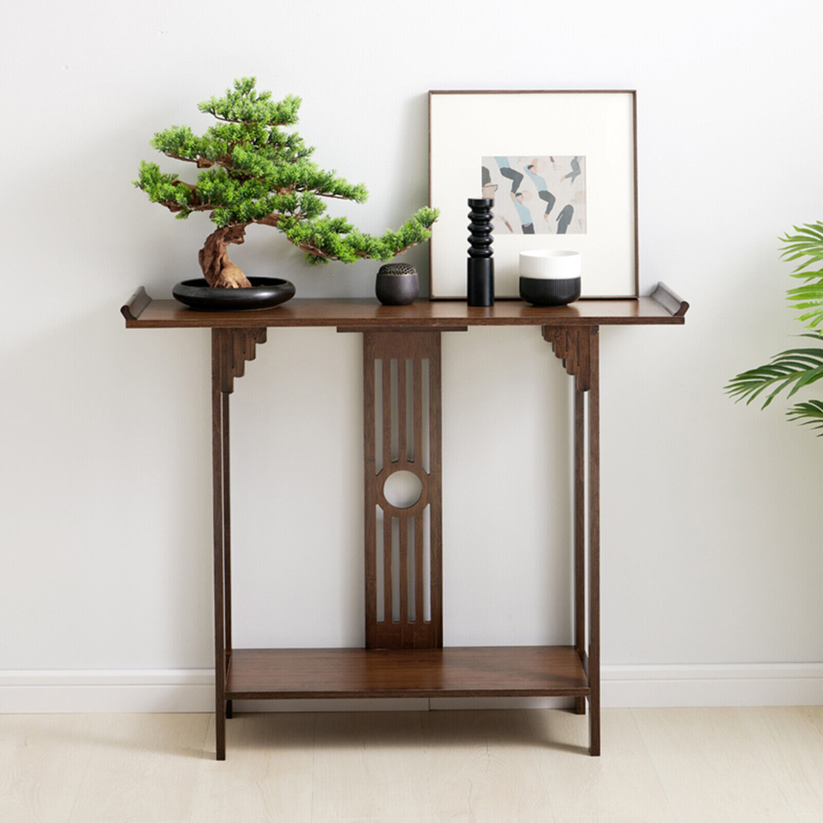 Chinese Style Vintage Console Table Sofa Side Table Bamboo Shelf Entryway Table