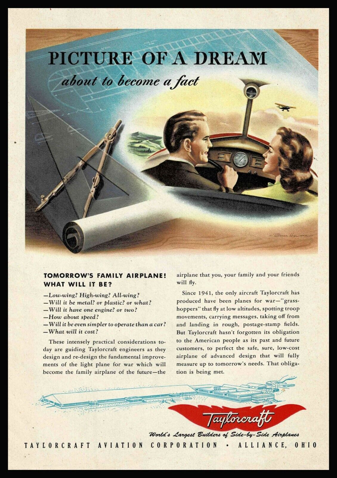 1944 TAYLORCRAFT Vintage Plane Aircraft Aviation AD Tomorrow's Family Airplane