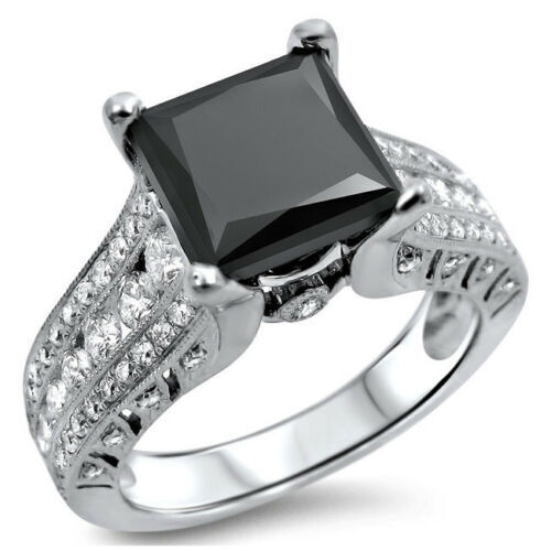 New 3.34 Ct Lab Created Black Princess Diamond 925 Silver Gothic Engagement Ring