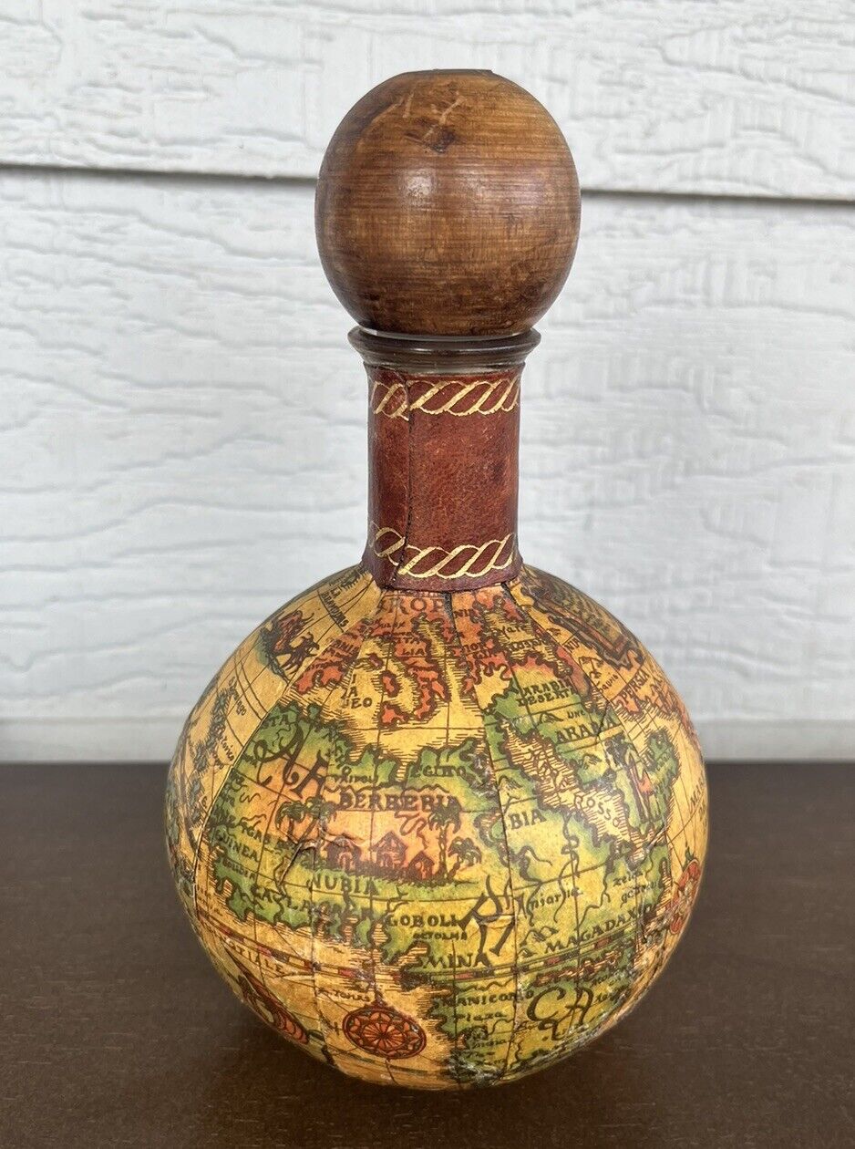 Vintage Italian Leather Wrapped World Map Wine Bottle