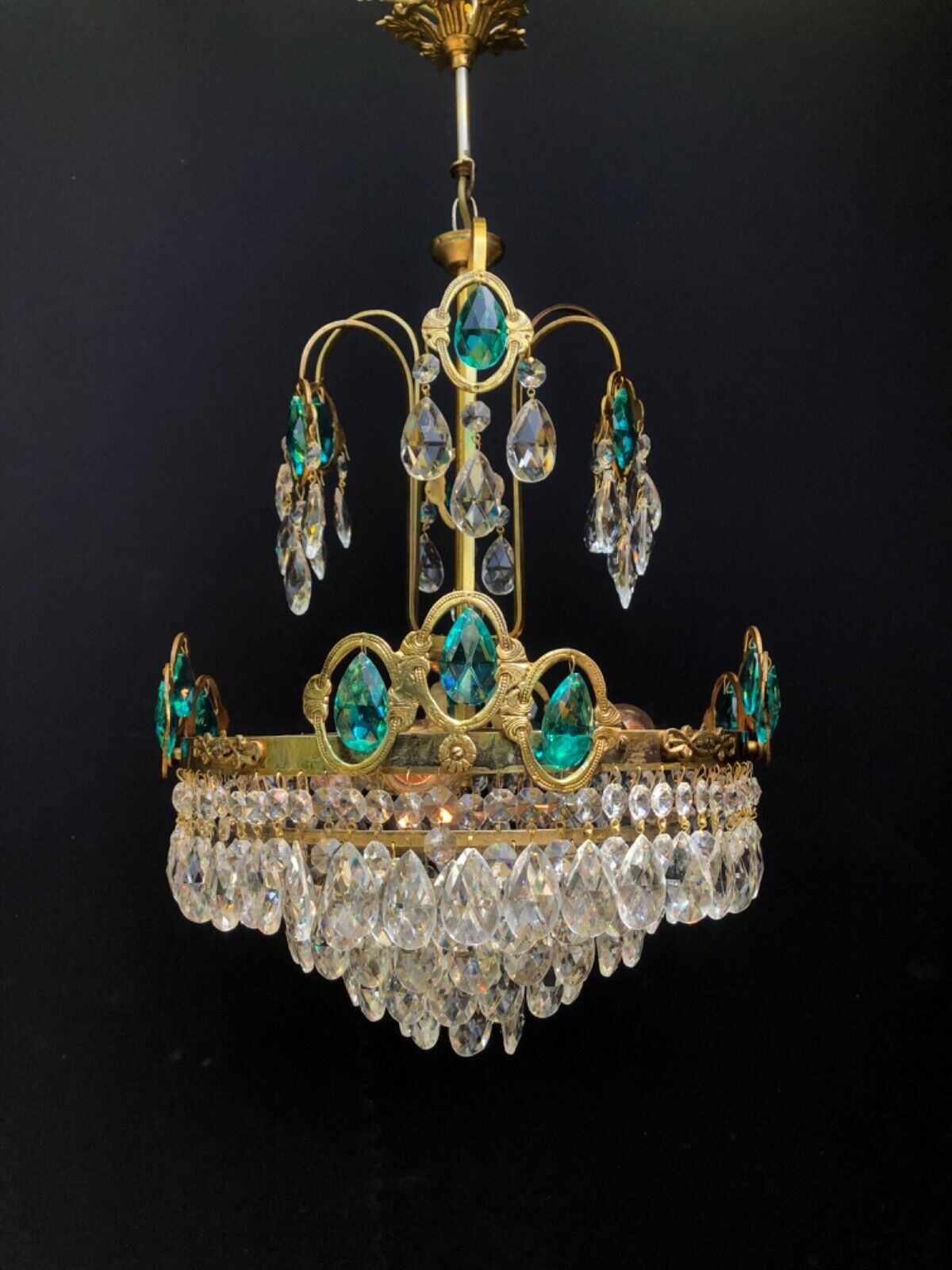 Antique Vintage French Blue Crystals Chandelier Lighting Ceiling Lamp 1960\'s