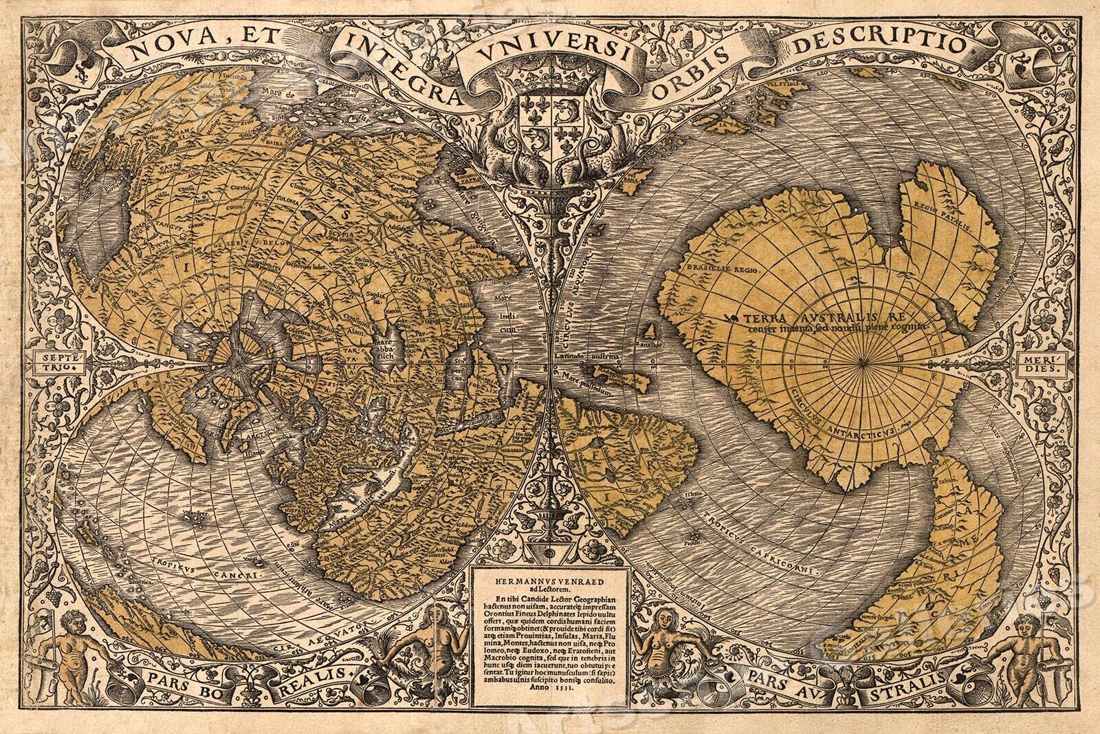 1530s Old Map of the World as seen from the North & South Poles - 16x24