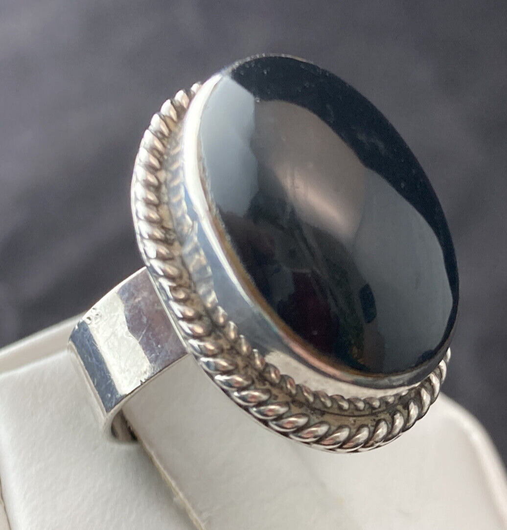 Vintage Taxco Mexico Adjustable Onyx Ring Size 6.5 Sterling Silver 925 Ring 12g
