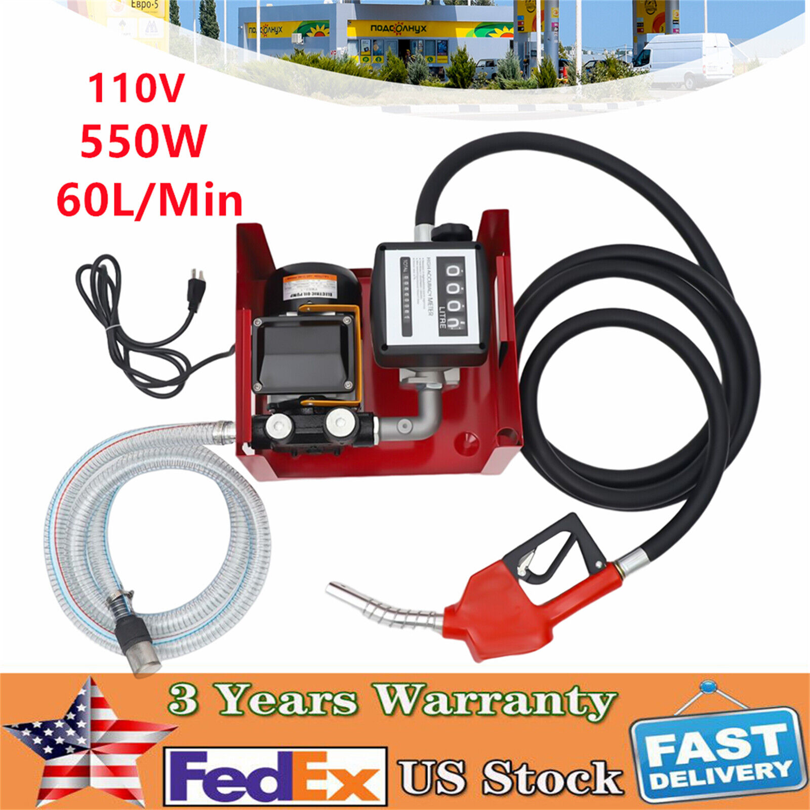110V Electric Fuel Transfer Pump 550W-60L/Min W/Nozzle Meter Fit Oil Fuel Diesel