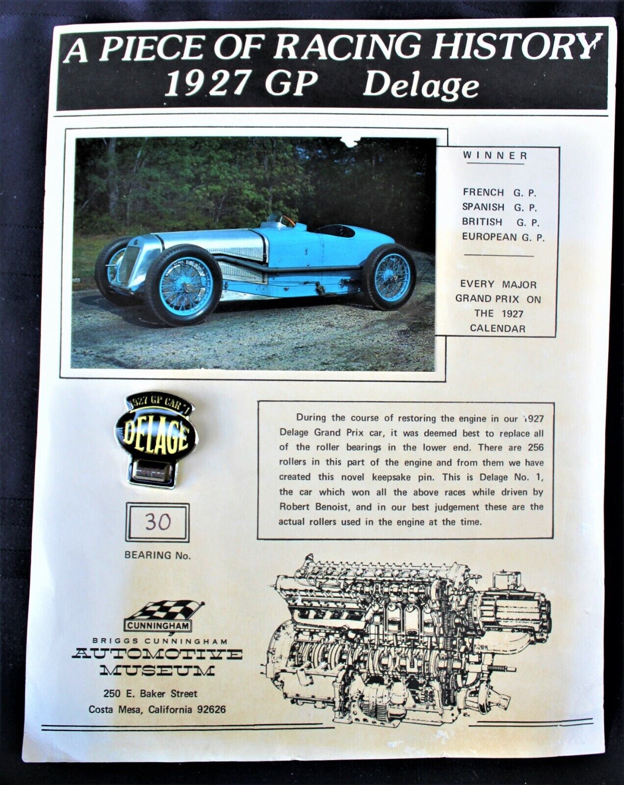 Vintage 1927 Grand Prix Delage #1 Racing Car Bearing Briggs Cunningham Museum
