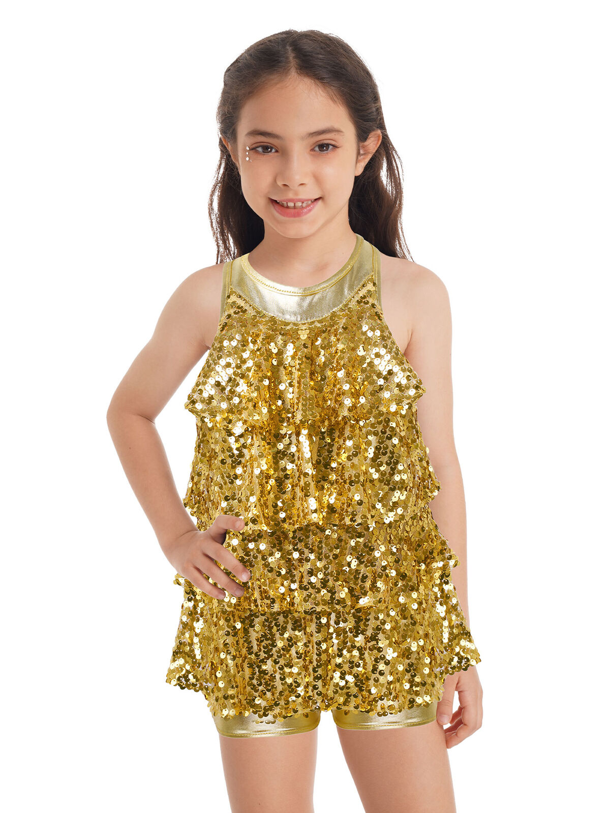 US Kids Girls Halter Neck Shiny Sequins Tiered Dress Modern Jazz Latin Dancewear