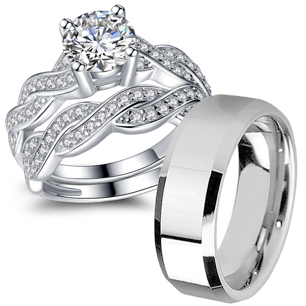 His Hers Sterling Silver CZ Infinity Couple Wedding Engagement Rings & Band Set