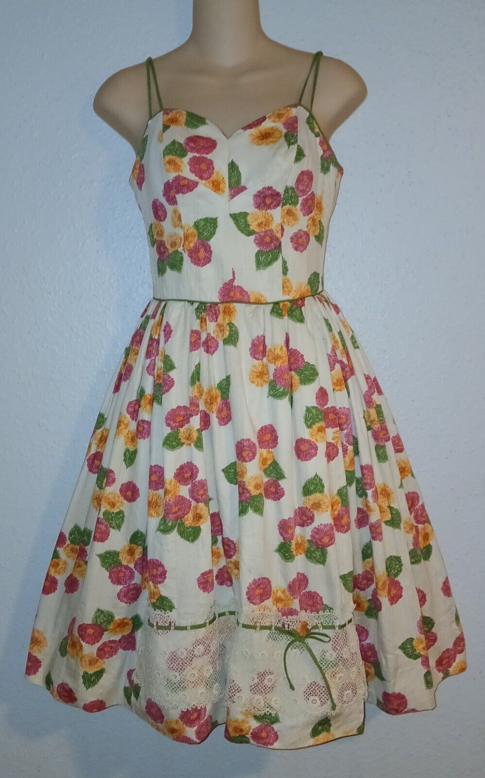 Vintage 50\'s TINA LESER Floral Print Polished Cotton Sun Dress Crochet Trim