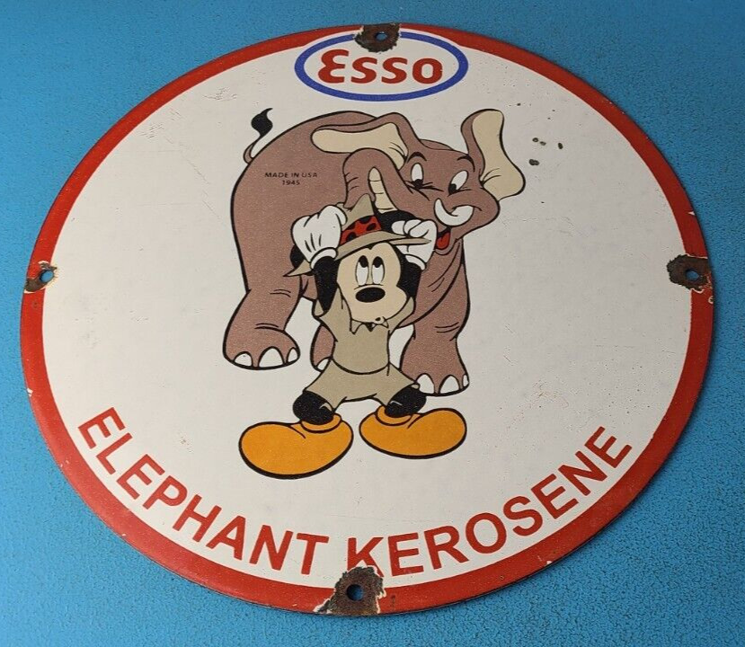 Vintage Esso Gasoline Sign - Mickey Mouse Gas Service Station Porcelain Sign