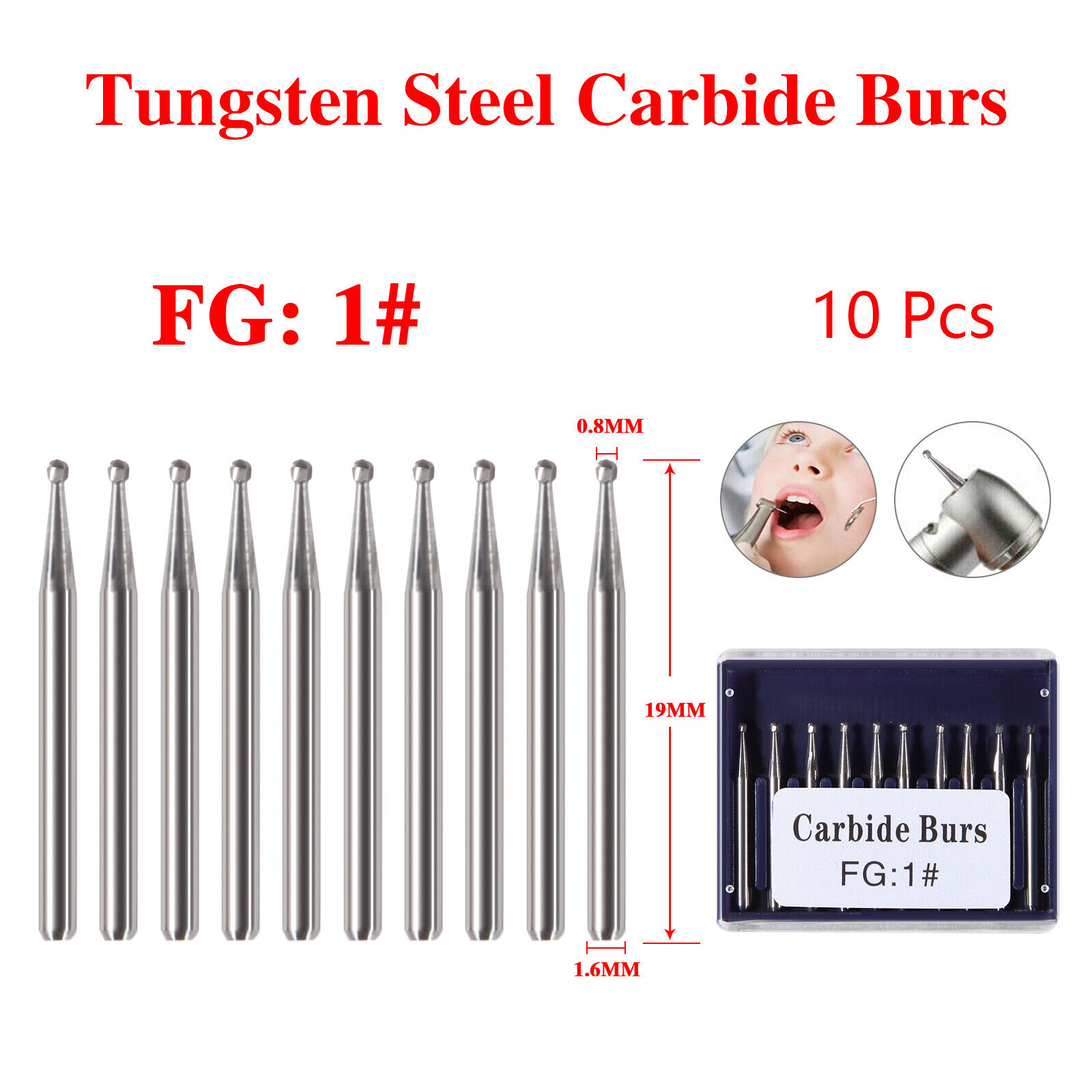 1-10* Dental Tungsten Carbide Burs Drill Trimming & Finishing Round End Taper FG