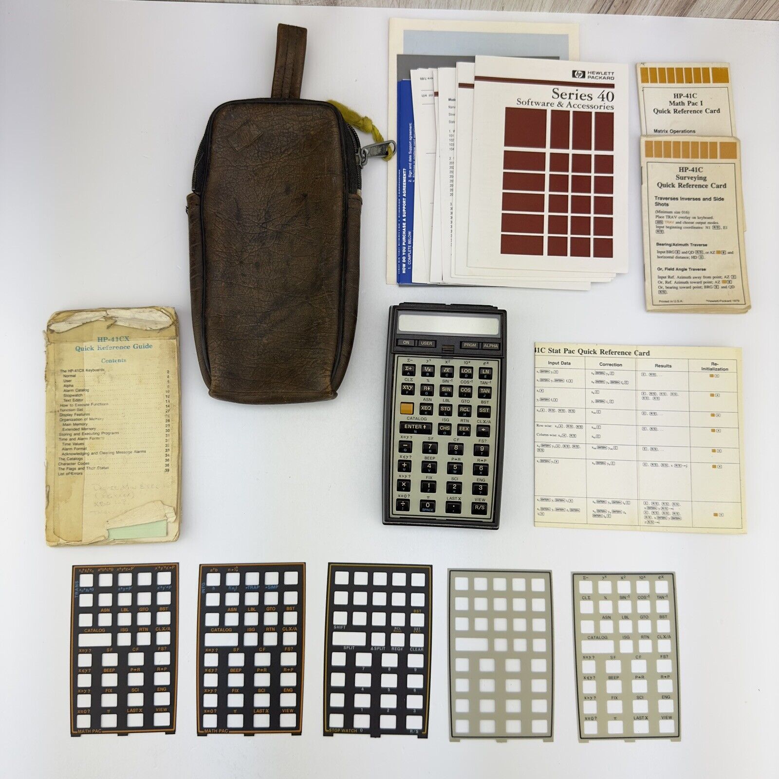 Vintage HP 41CX Scientific Calculator Tested Works Quick Ref + Case + Overlays