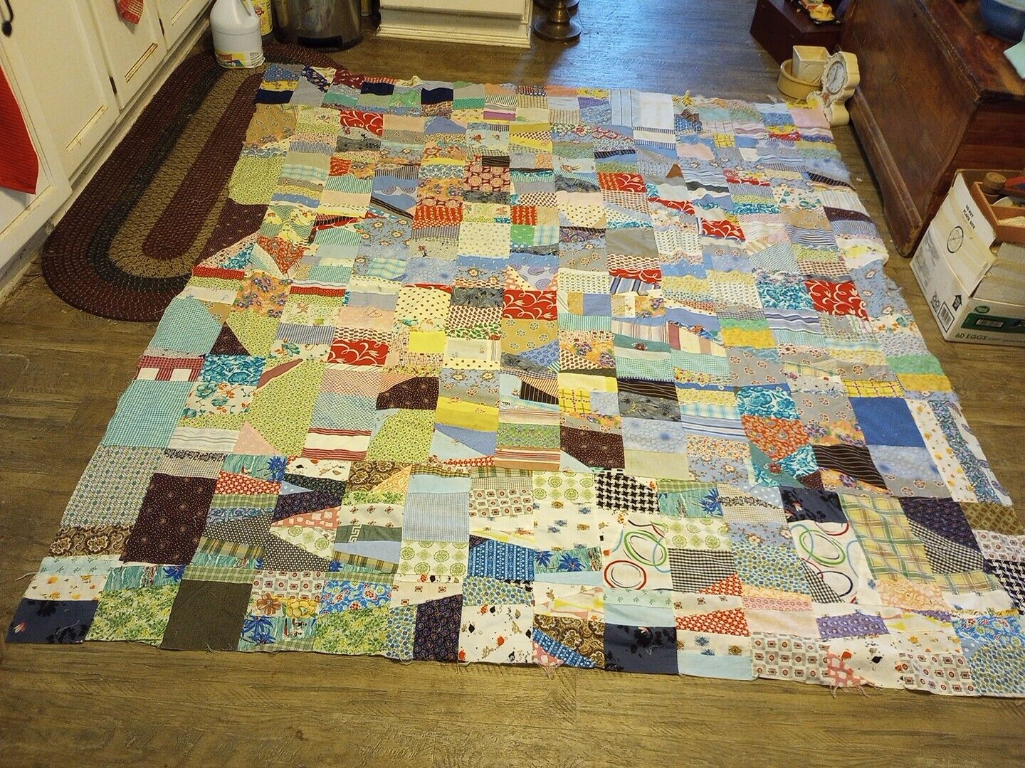  Vtg Patchwork Quilt Top  1930\'s Hand Stitched Feed Sack 84 X 80 Needs Backing