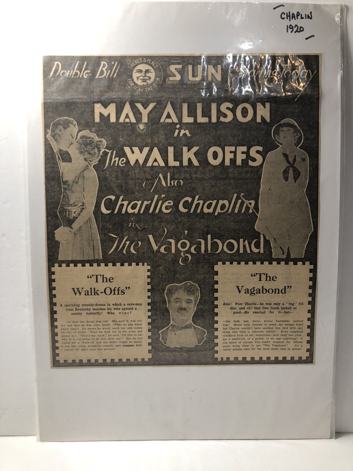 1920 newspaper print ad - Charlie Chaplin- The Vagabond -May Allison - Walk Offs