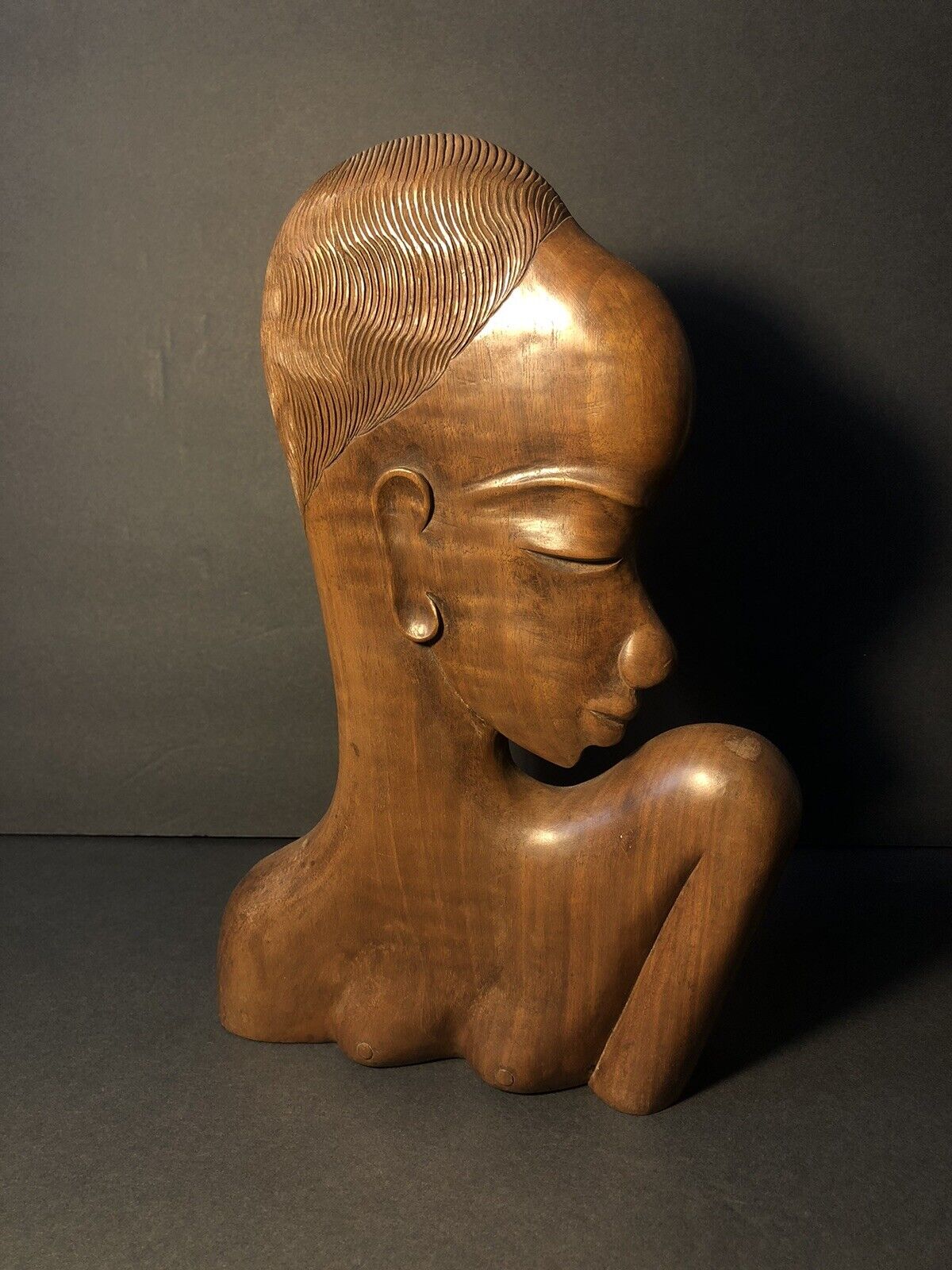 Beautiful Antique Art Deco Cherry Wood Bust Possibly by Karl Hagenauer 13in tall