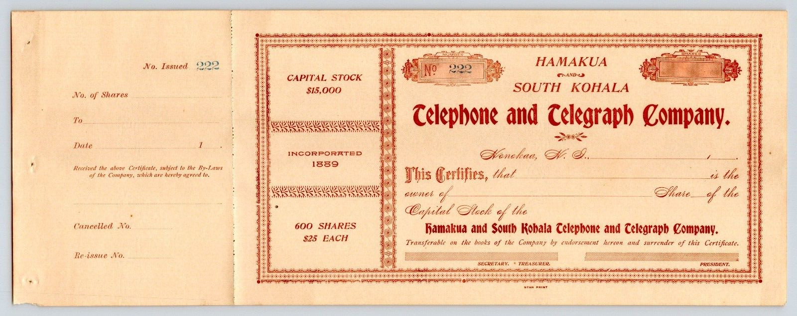ORIG. 1890\'S. HAMAKUA & SOUTH KOHALA TELEPHONE & TELEGRAPH HAWAII CERTIFICATE