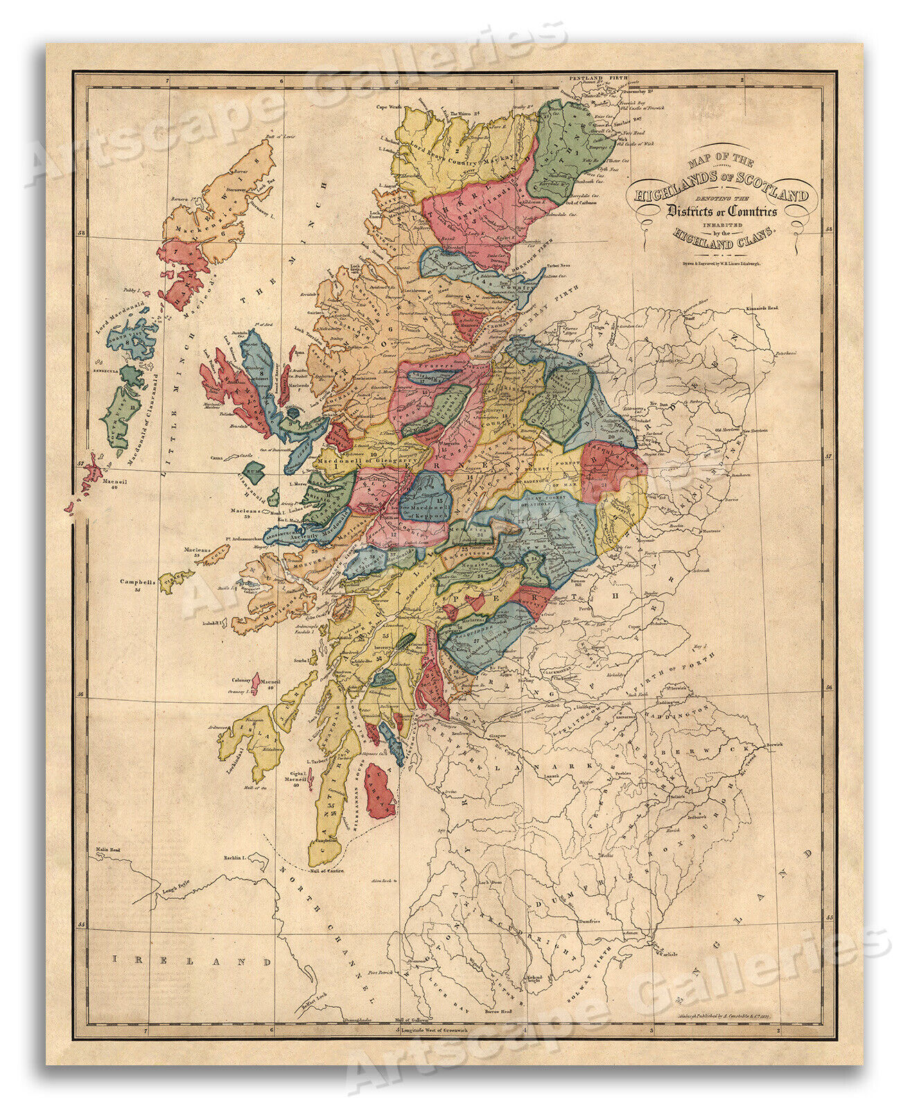 1822 Map of the Highlands of Scotland and Scottish Highland Clans - 16x20