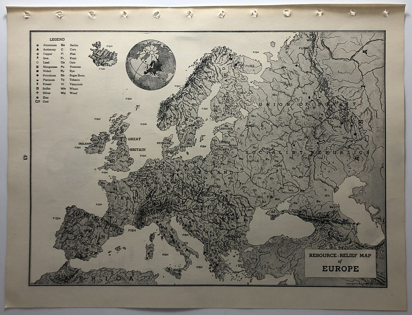 1947 Vintage EUROPE Antique Relief Map - Hammond\'s Superior Atlas & Gazetteer