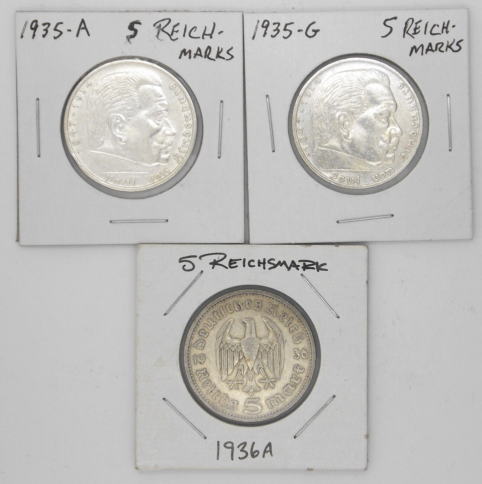 3 Silver Coins - Germany WW2 Third Reich - 5 Reichsmark 1935A, 1935G & 1936A