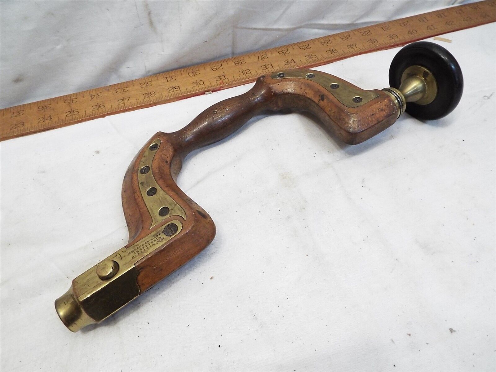 Antique Brass Plated Ebony Pad Marples Wood Brace Drill Tool Hibernia