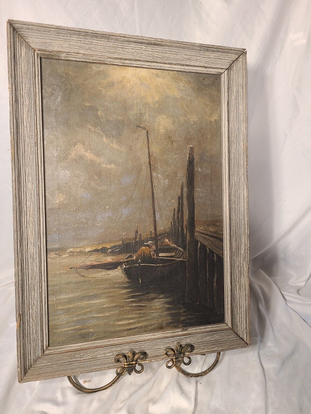 Antique Oil on Canvas, Nautical, Fisherman at the docks 1800\'s Painting Signed