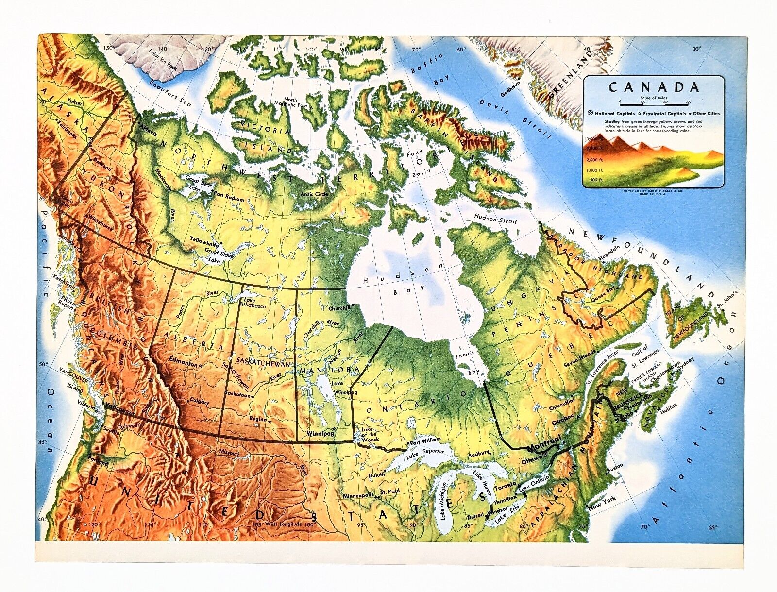 VINTAGE MAP 1956 CANADA ELEVATIONS ALTITUDES HUDSON BAY BRITISH COLUMBIA