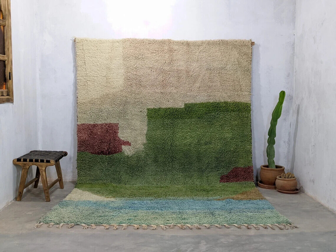 amazing handmade morrocan green rug, authentic berber wool, bohemian style rug