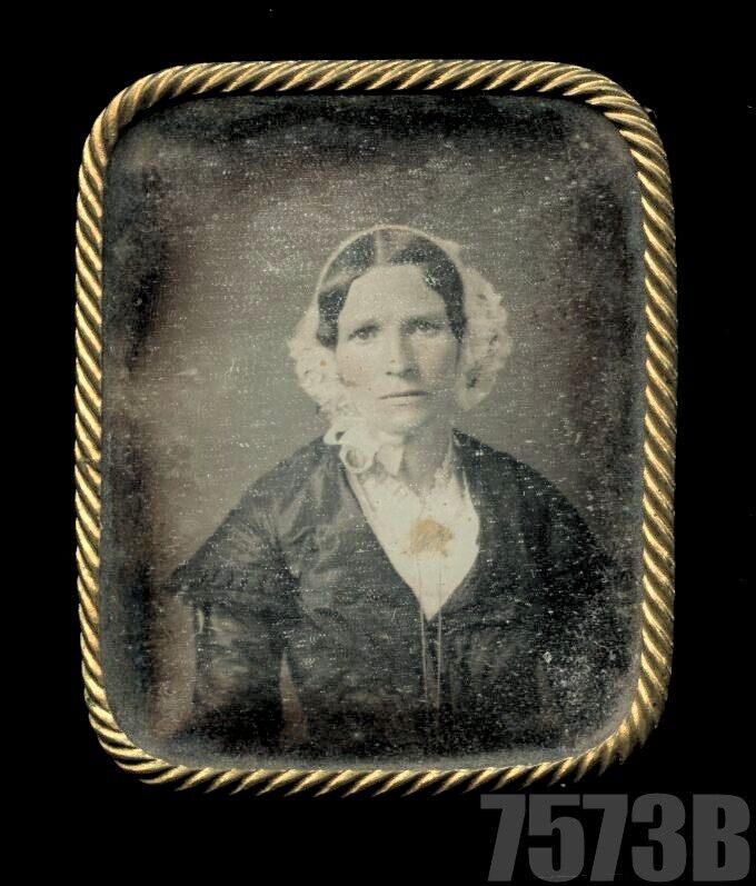 1850s Daguerreotype Sad Woman Unusual Frame Brooch Jewelry Bonnet Photo 1800s
