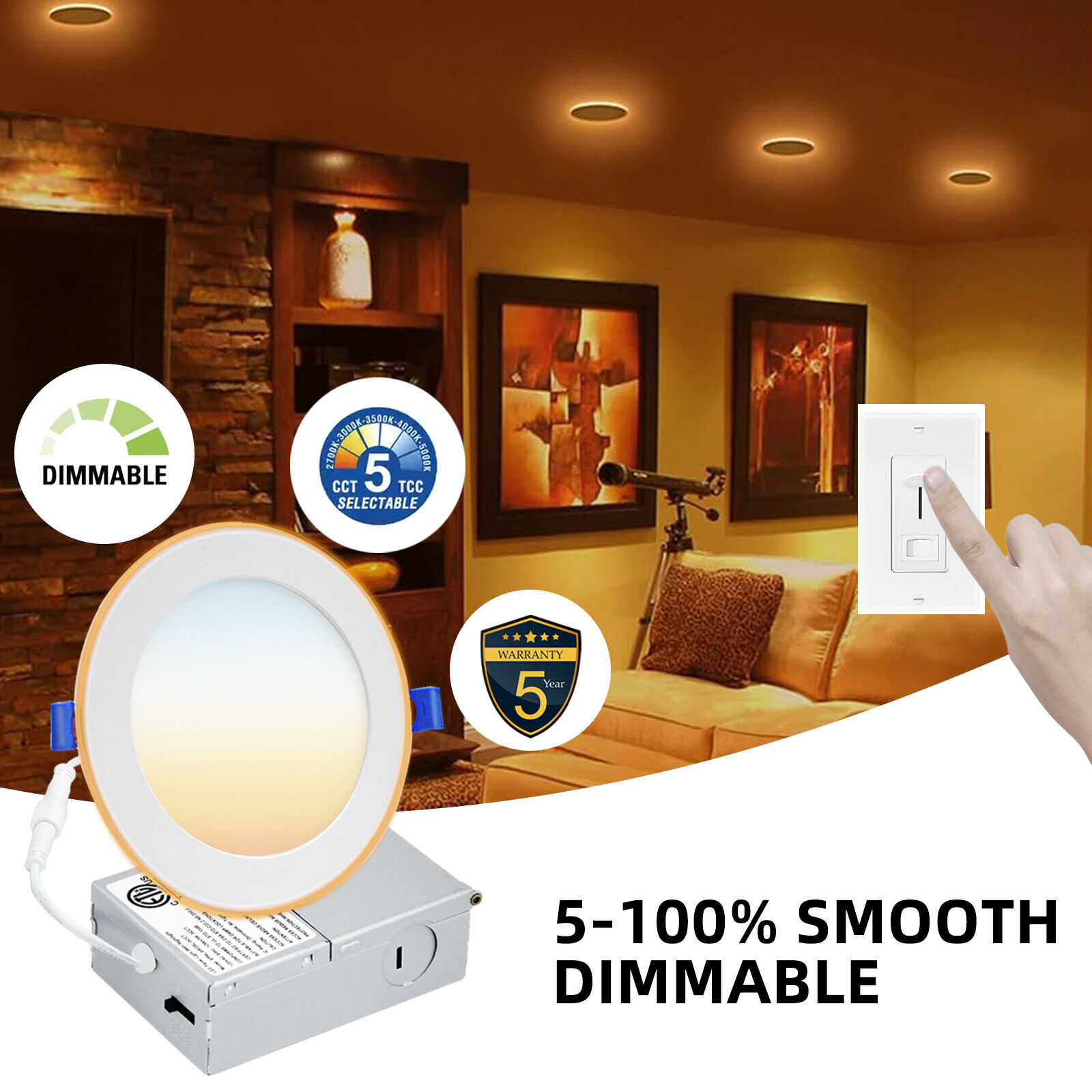 6 Pack 4 Inch 5 CCT 12W Ultra-Thin LED Recessed Ceiling Light with Junction Box