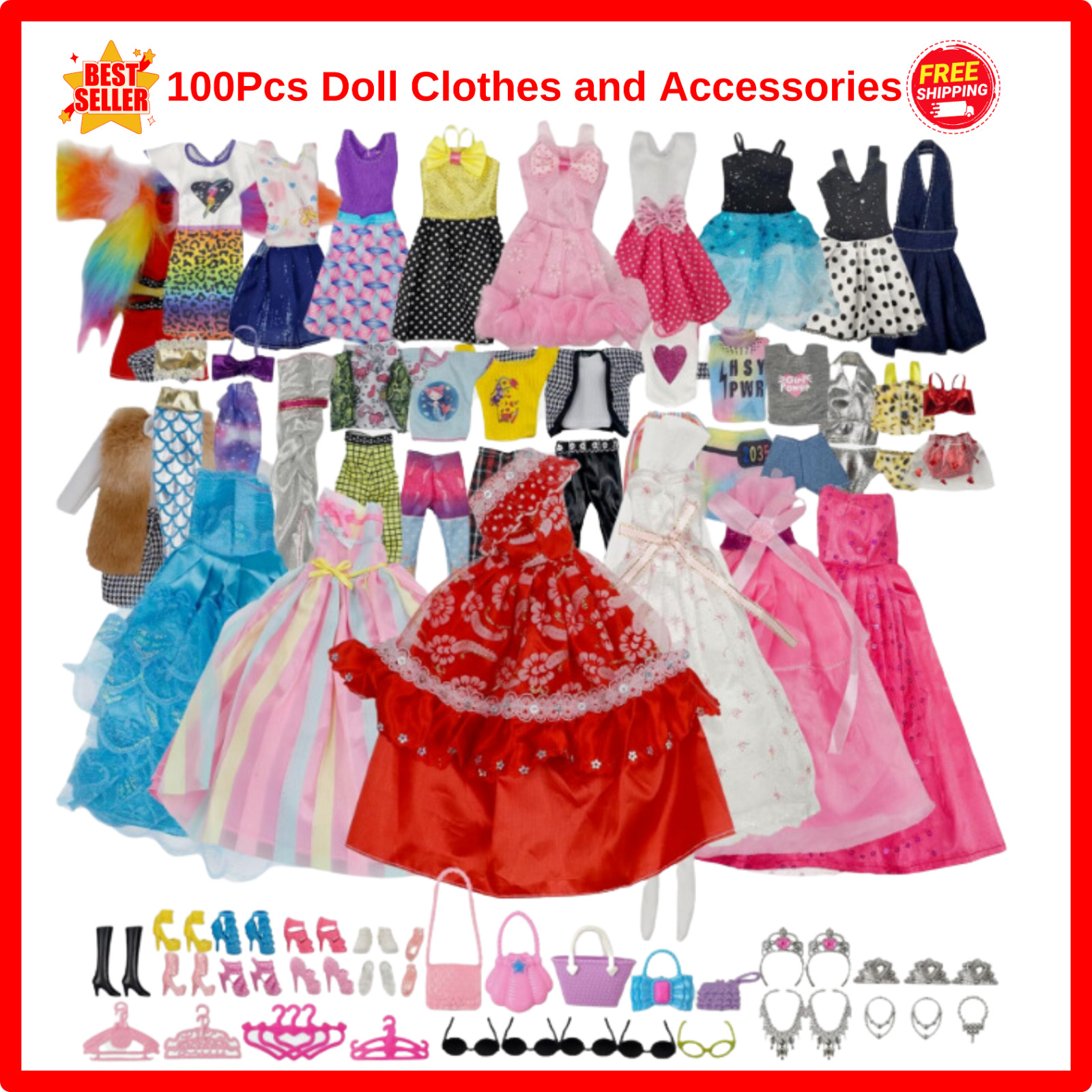 100PCS Barbie Clothes Doll Fashion Wear Clothing Outfits Dress up Gown Shoes Lot
