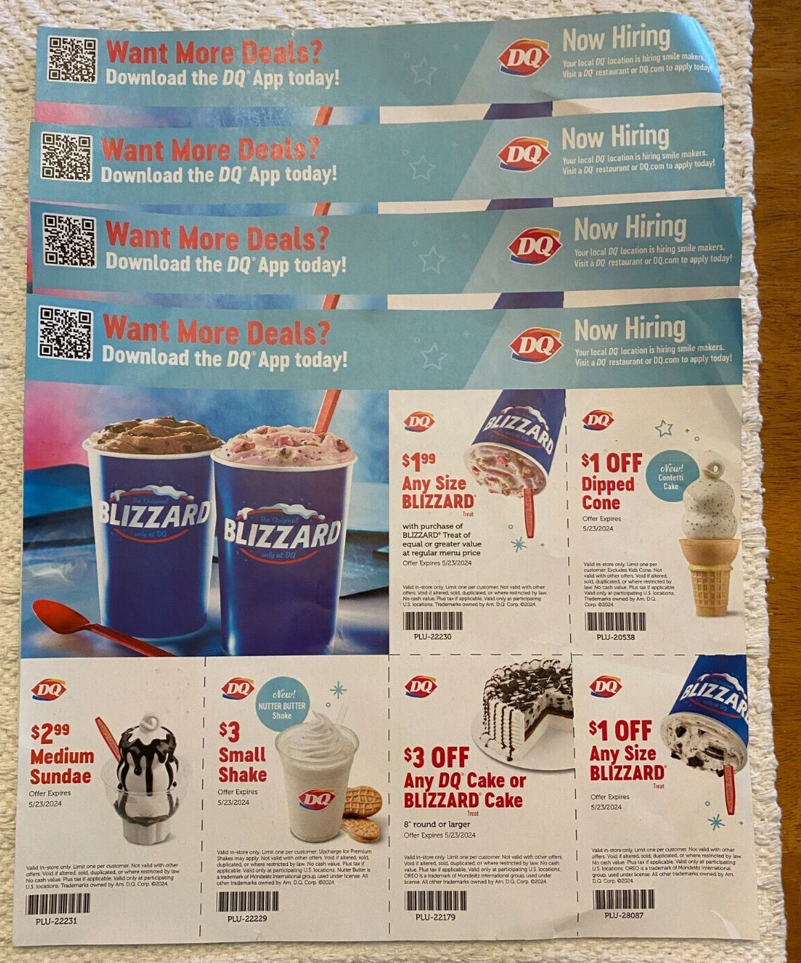 Dairy Queen 4 Sheets of Coupons Blizzard, Sundae, & Cones  24 Total Coupons