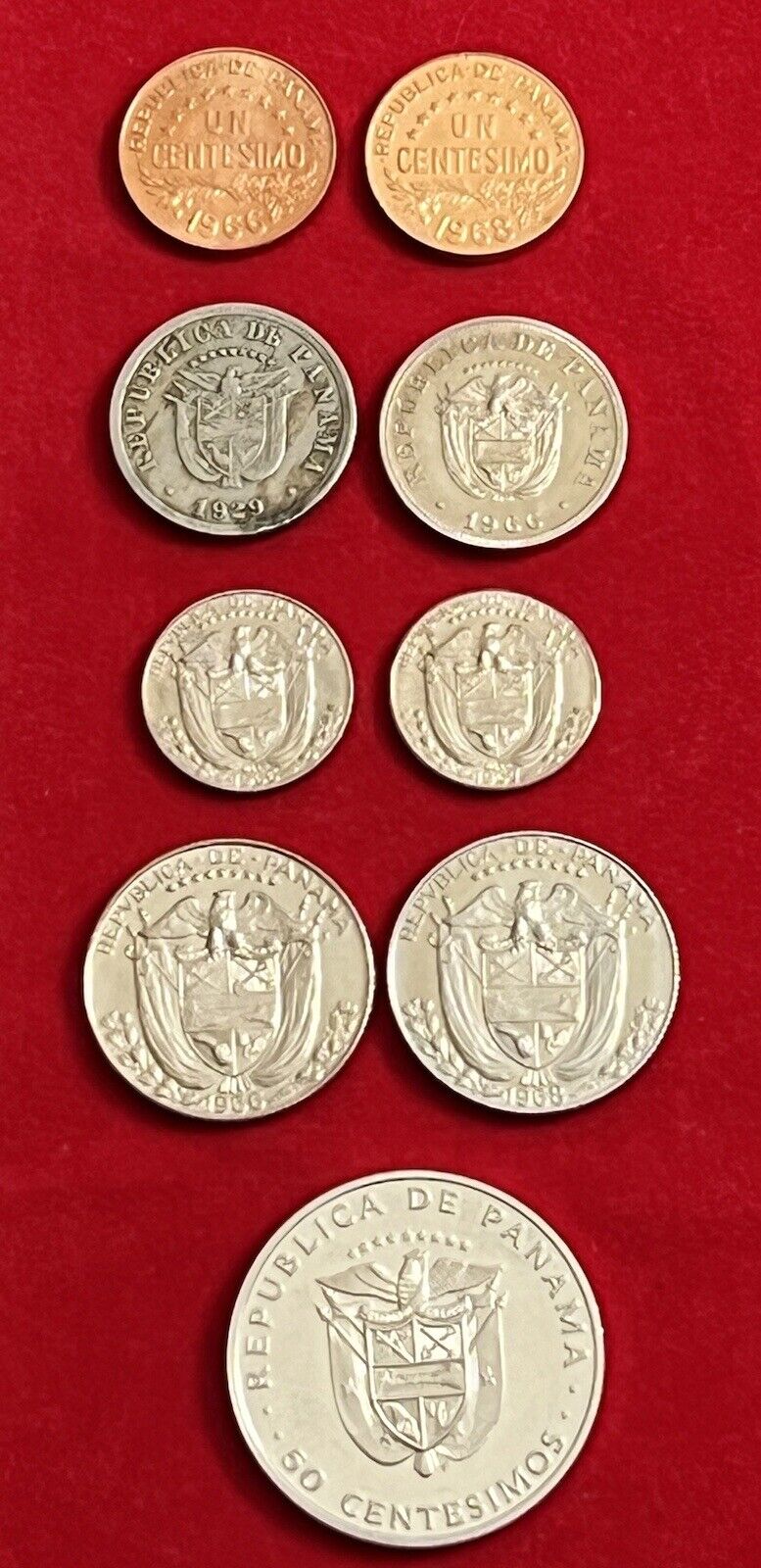 Lot of 9 Republica de Panama Coins 1929-1975 VF-Uncirculated