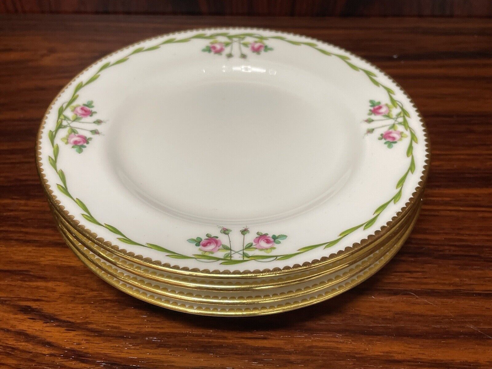Set of (4) Antique Minton H1987 Hand Painted Floral Pink Roses Bread Plates 6”