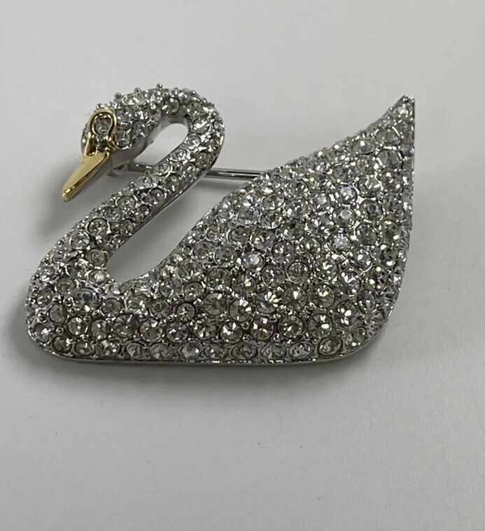 Vintage 1995-100 yr Signed Swarovski Pave Crystal Swan Pin Brooch Gold Tone Beak