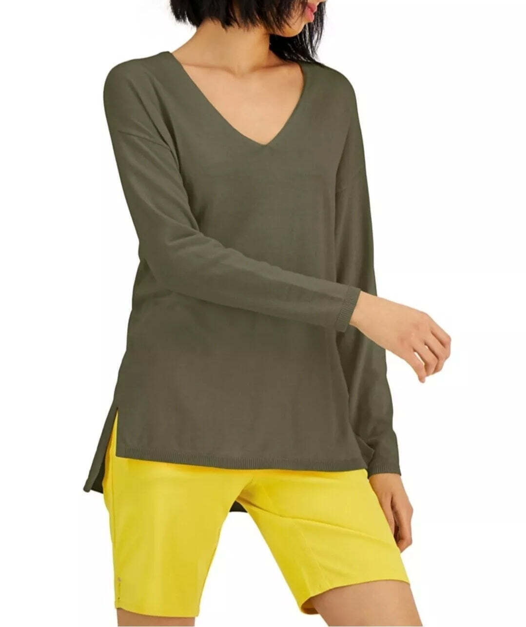 Inc International Concepts Solid V-Neck Sweater Burnt Olive Size M