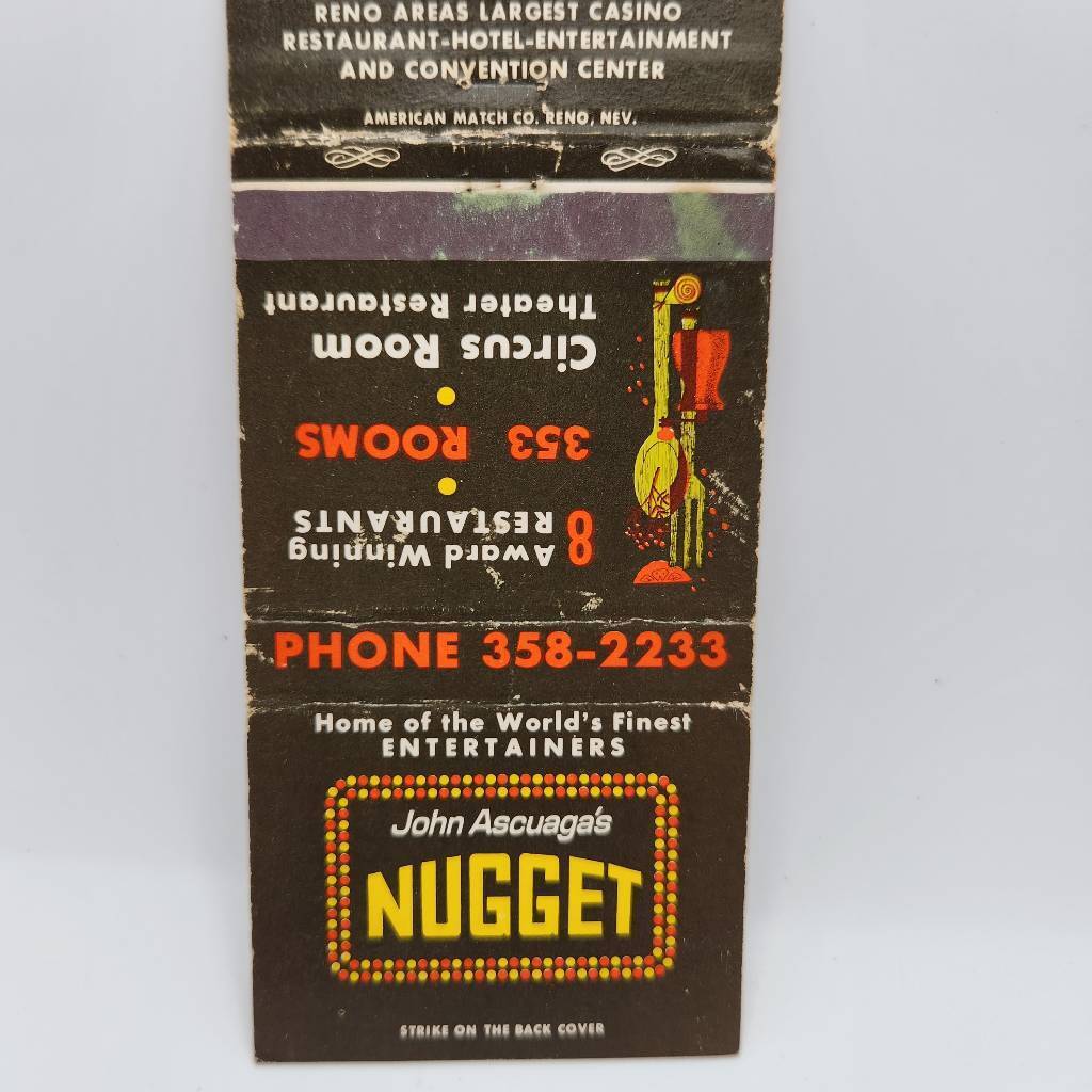 Vintage Matchbook John Ascuaga\'s Nugget Hotel Casino Reno Nevada Memorabilia 