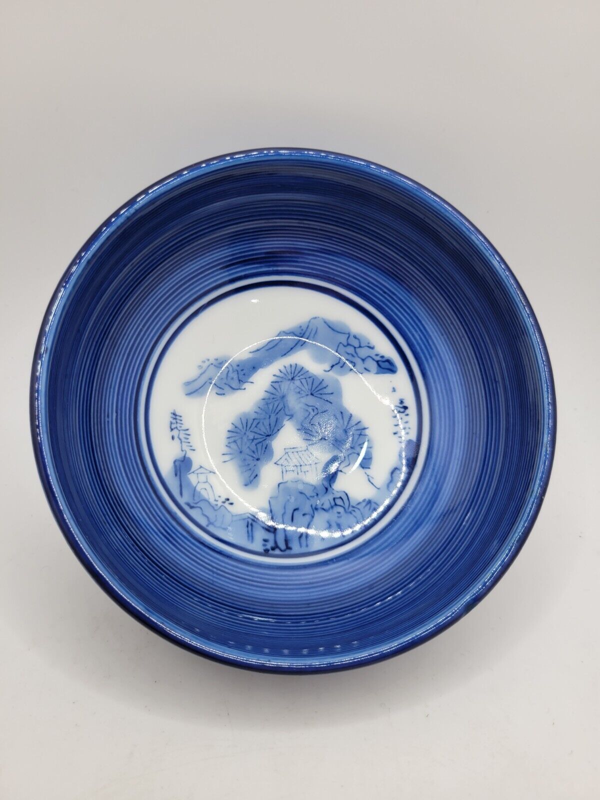 Vtg Blue & White Small Ceramic Decorative Bowl w/ Asian Mountain Scene